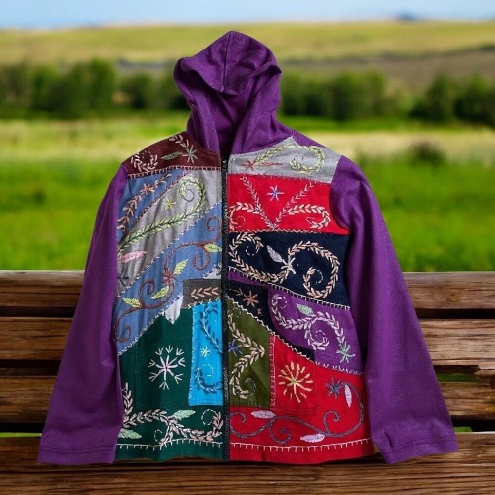 Rising Tide Hoodie Jacket Womens L BOHO Patchwork Cotton Wearable Art Purple Zip